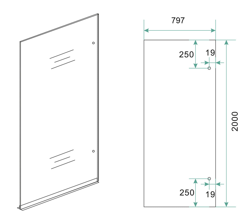Eauless glasplaat rechts 800 x 2000 x 8 mm nano spiegelrook- naar helder glas