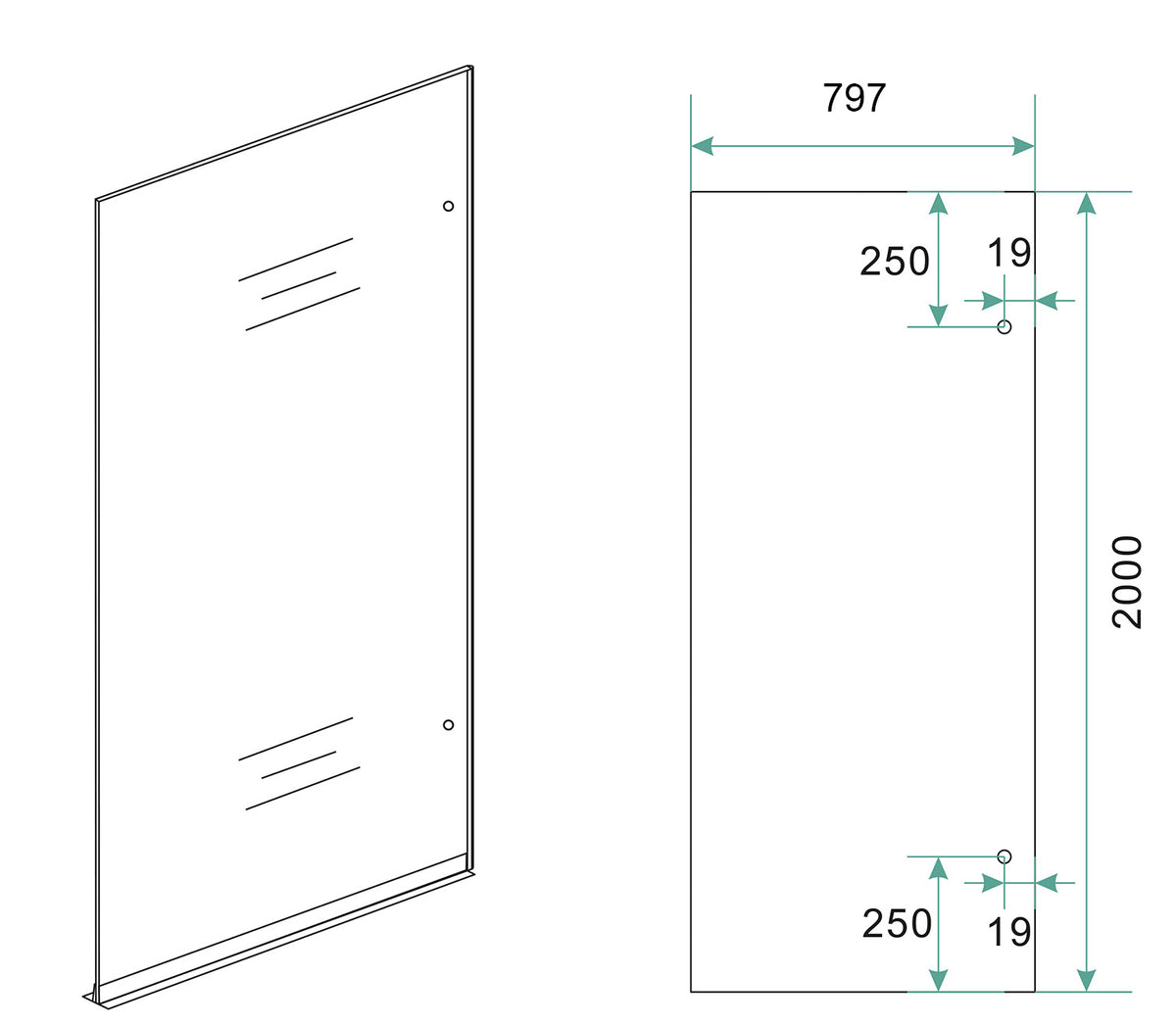 Eauless glasplaat rechts 800 x 2000 x 8 mm nano spiegelrook- naar helder glas