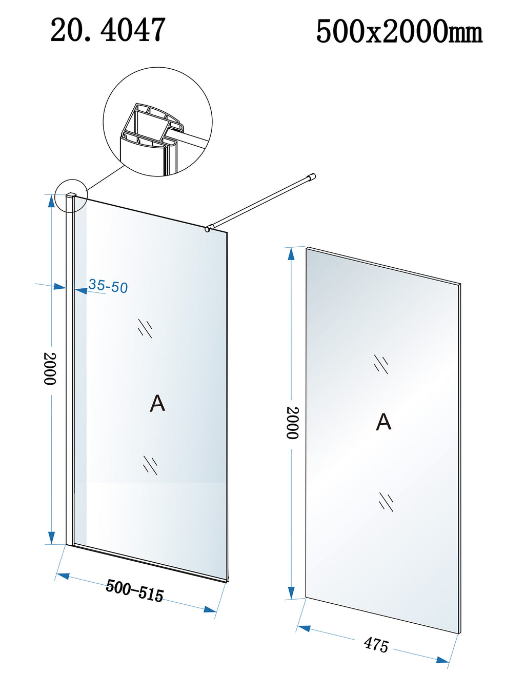 Eaueco inloopdouche 500 x 2000 x 8 mm nano helder glas/chroom