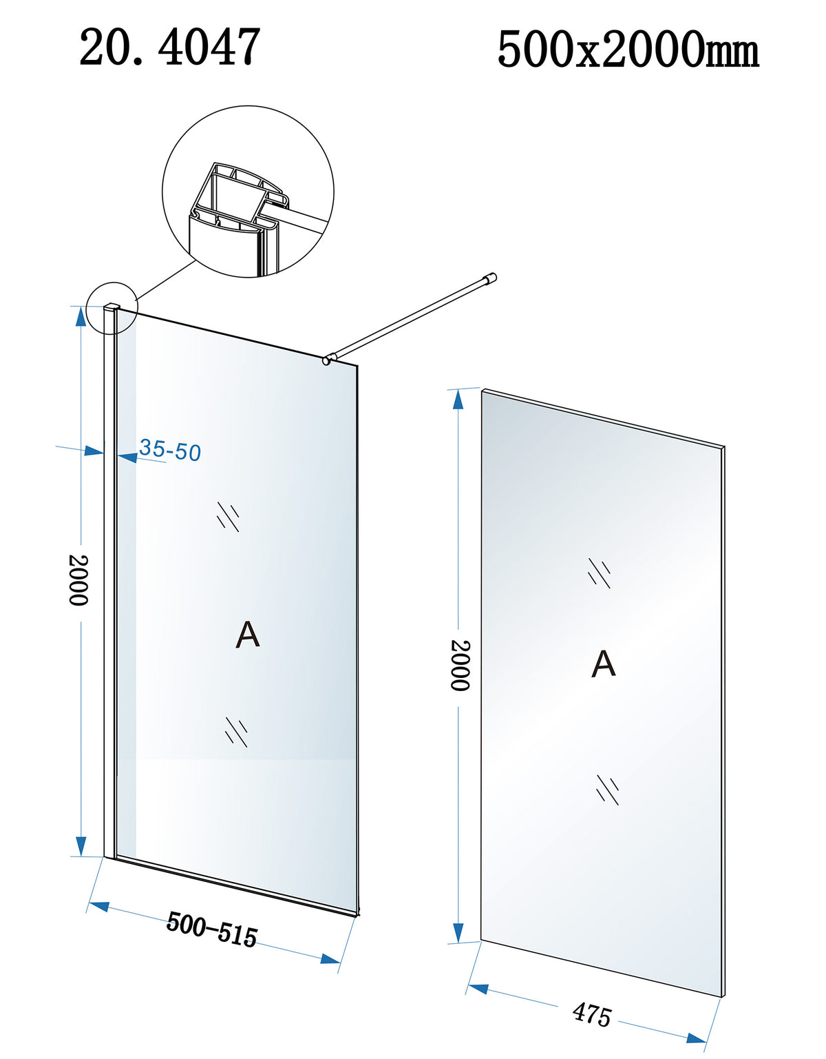 Eaueco inloopdouche 500 x 2000 x 8 mm nano helder glas/chroom