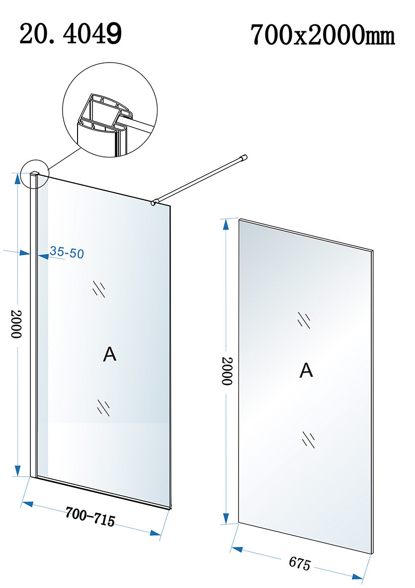 Eaueco inloopdouche 700 x 2000 x 8 mm nano helder glas/chroom