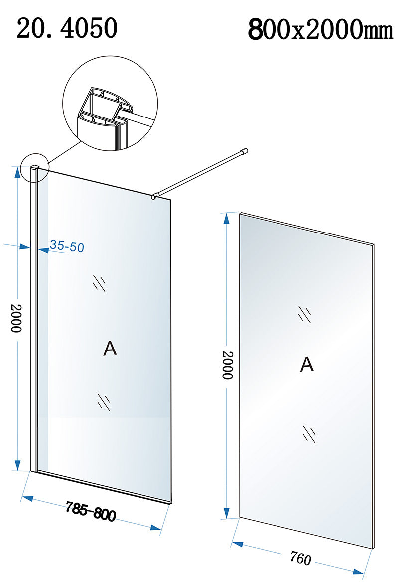 Eaueco inloopdouche 800 x 2000 x 8 mm nano helder glas/chroom