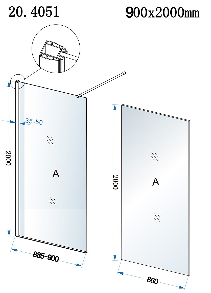 Eaueco inloopdouche 900 x 2000 x 8 mm nano helder glas/chroom