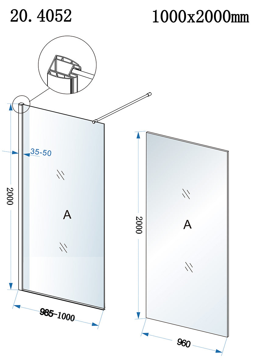 Eaueco inloopdouche 1000 x 2000 x 8 mm nano helder glas/chroom