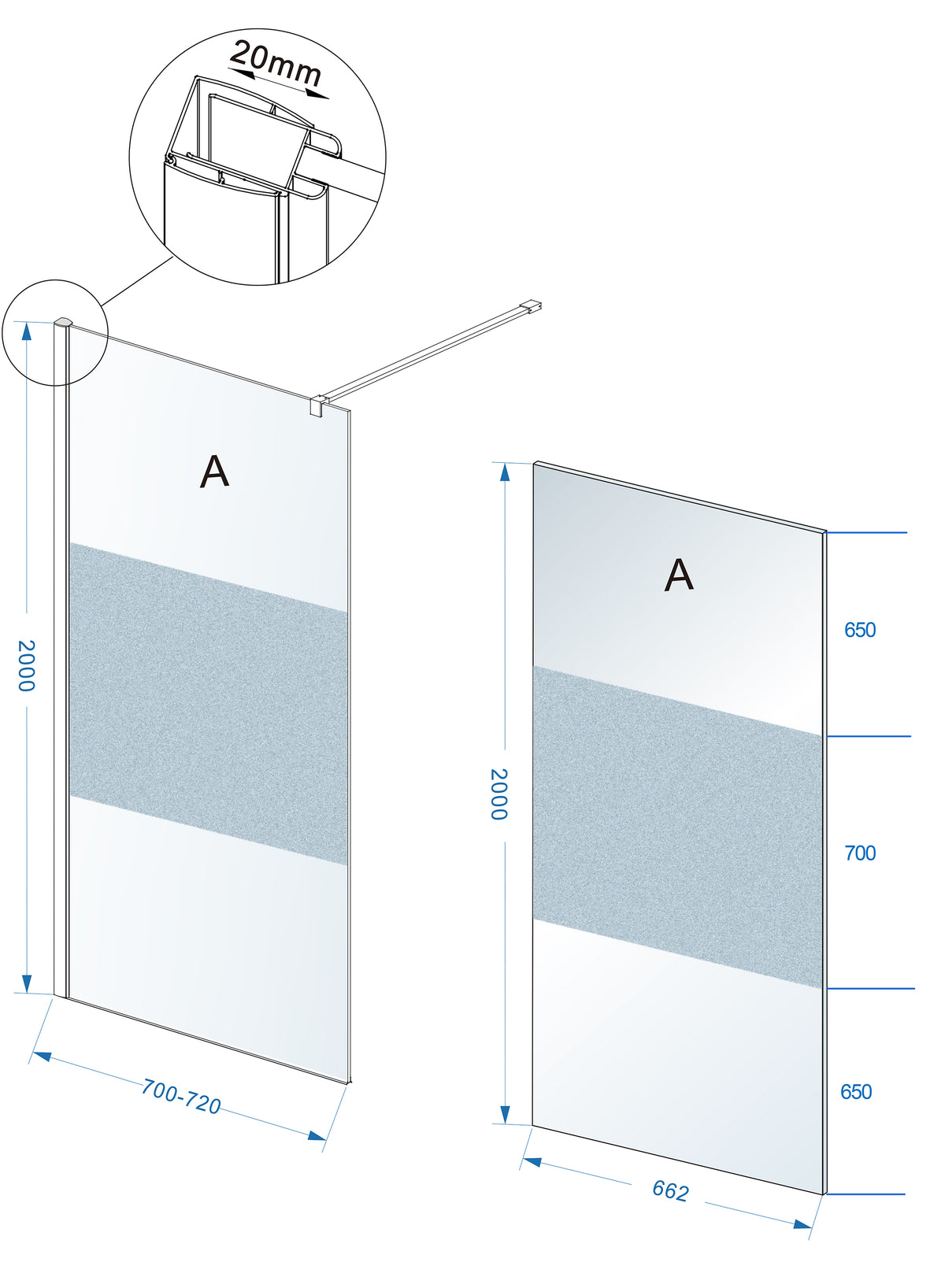 Eaucomfort inloopdouche 700 x 2000 x 10 mm nano helder glas met melkglas middenband/chroom