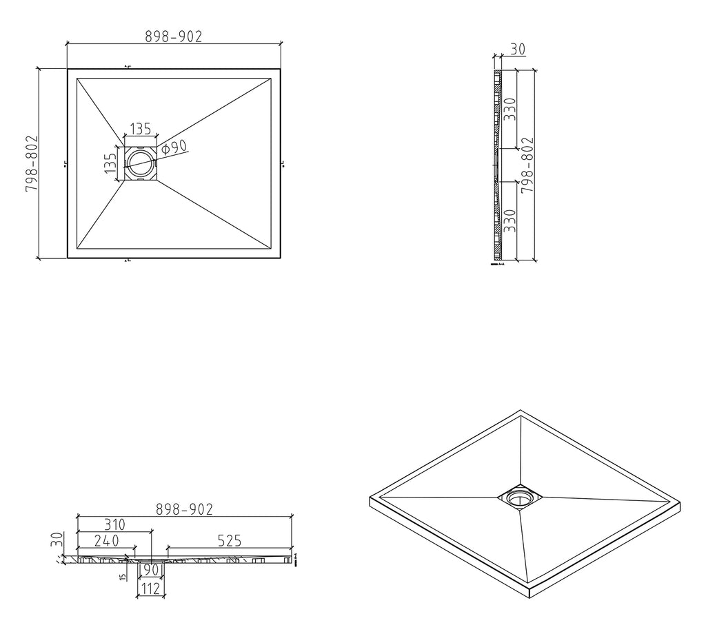 Eaustonea douchebak antislip composiet 800x900x30 mm inkortbaar mat wit