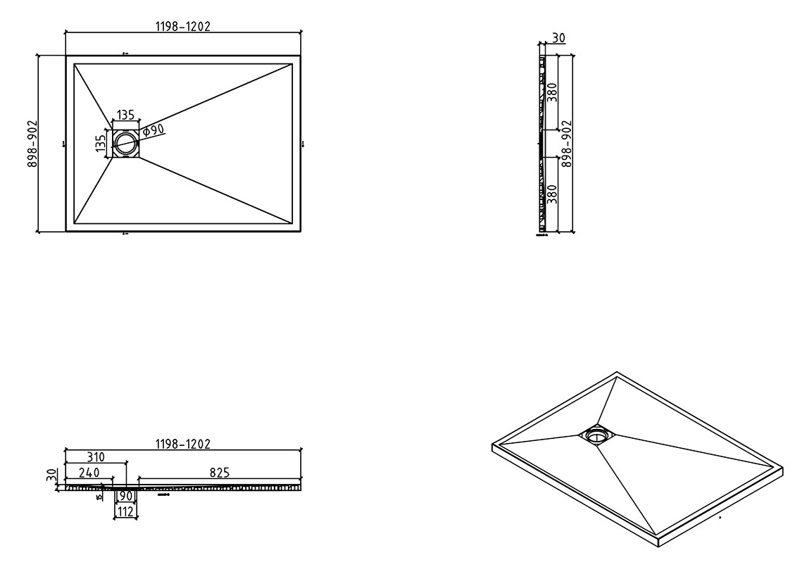 Eaustonea douchebak antislip composiet 900x1200x30 mm inkortbaar mat wit