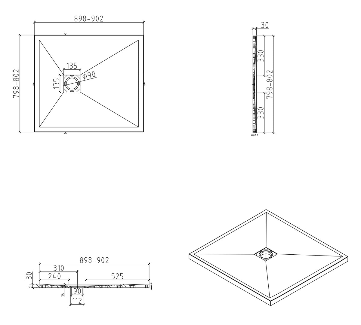Eaustonea douchebak antislip composiet 800x900x30 mm inkortbaar beige