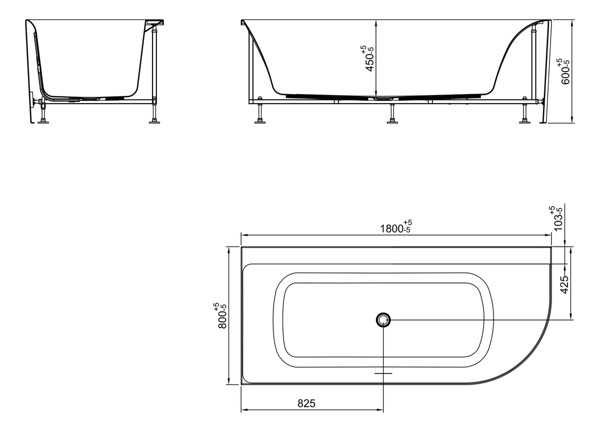 Eauzenn hoekbad links 180 x 80 cm acryl mat wit met waste mat wit