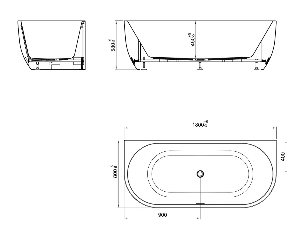 Eauliora half vrijstaand ligbad 180 x 80 cm acryl mat wit met waste mat wit
