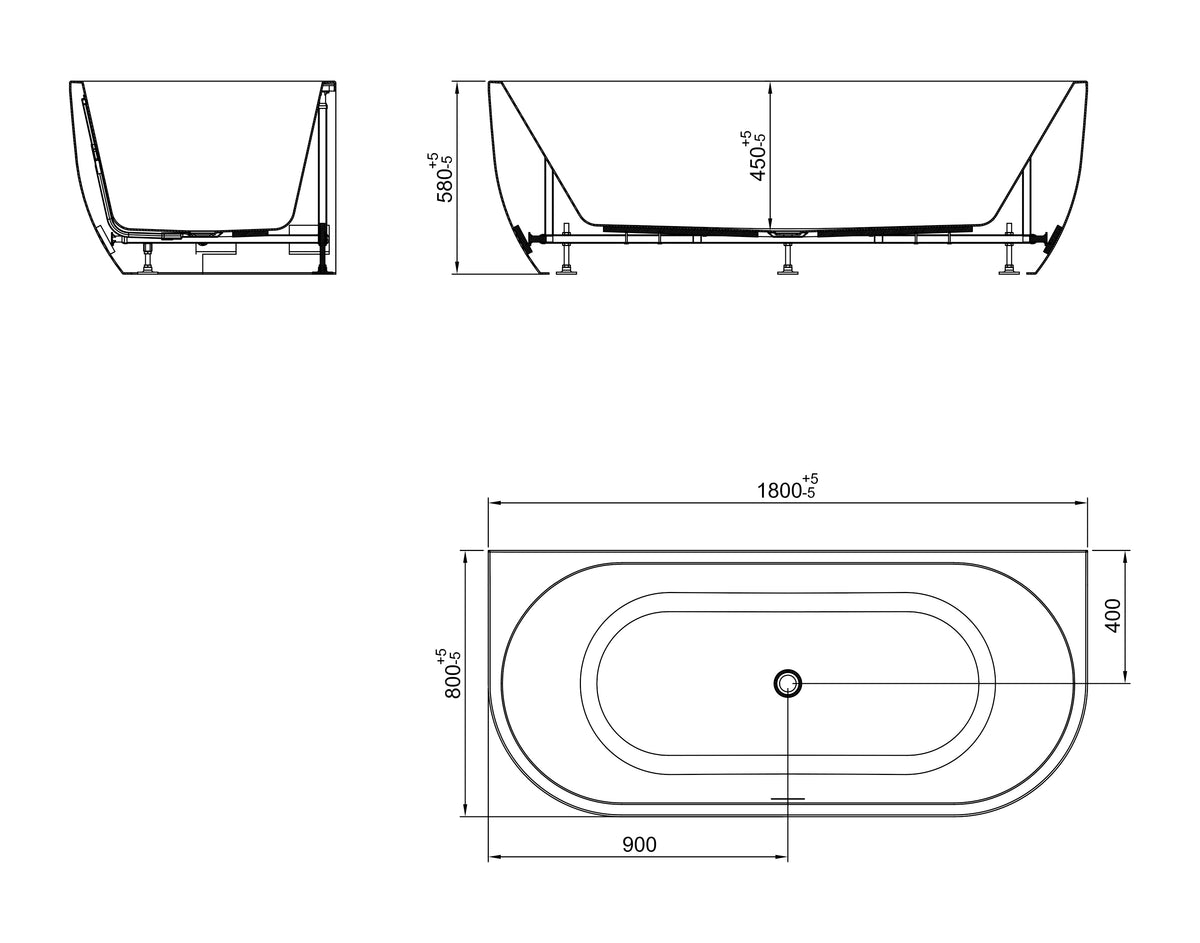 Eauliora half vrijstaand ligbad 180 x 80 cm acryl mat wit met waste mat wit