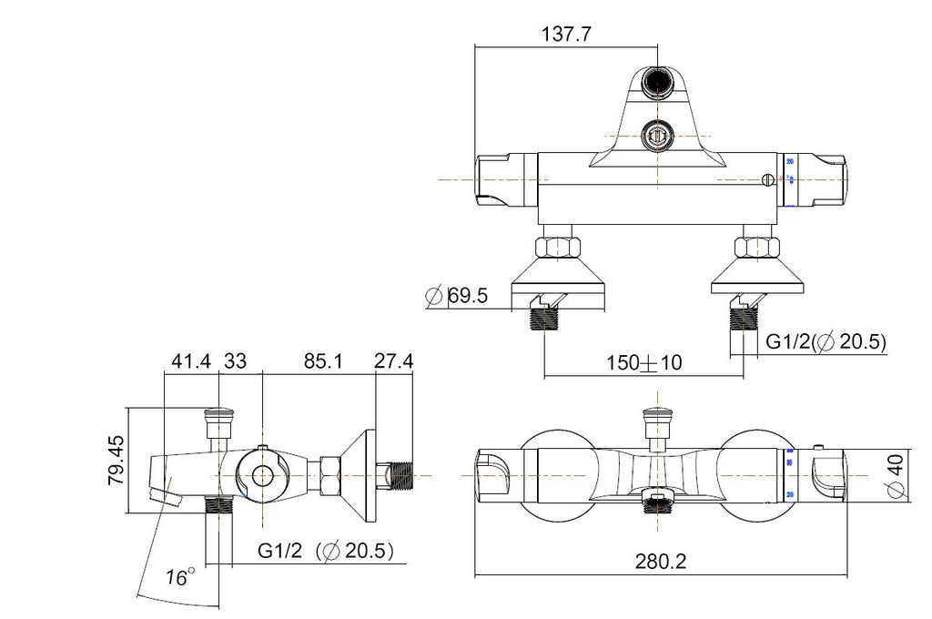 Eauuniversele thermostatische badmengkraan chroom