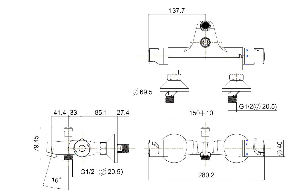 Eauuniversele thermostatische badmengkraan chroom