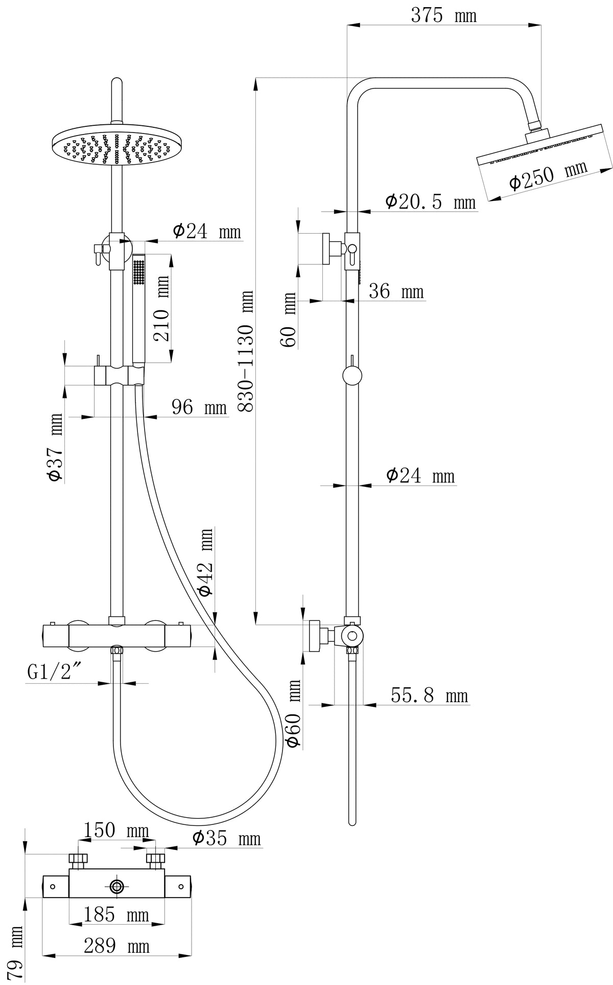 Eaucaral thermostatische regendoucheset opbouw geborsteld staal pvd