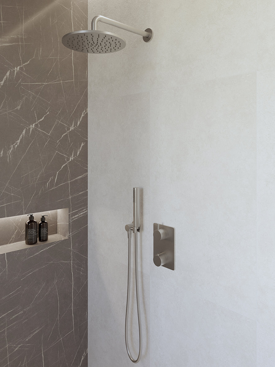 Eaucaral inbouwthermostaat compleet met hoofddouche 25 cm en staafhanddouche geborsteld staal