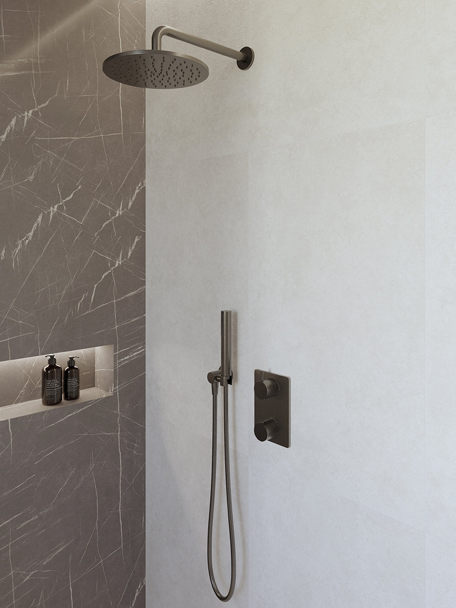 Eaucaral inbouwthermostaat compleet met hoofddouche 25 cm en staafhanddouche gunmetal