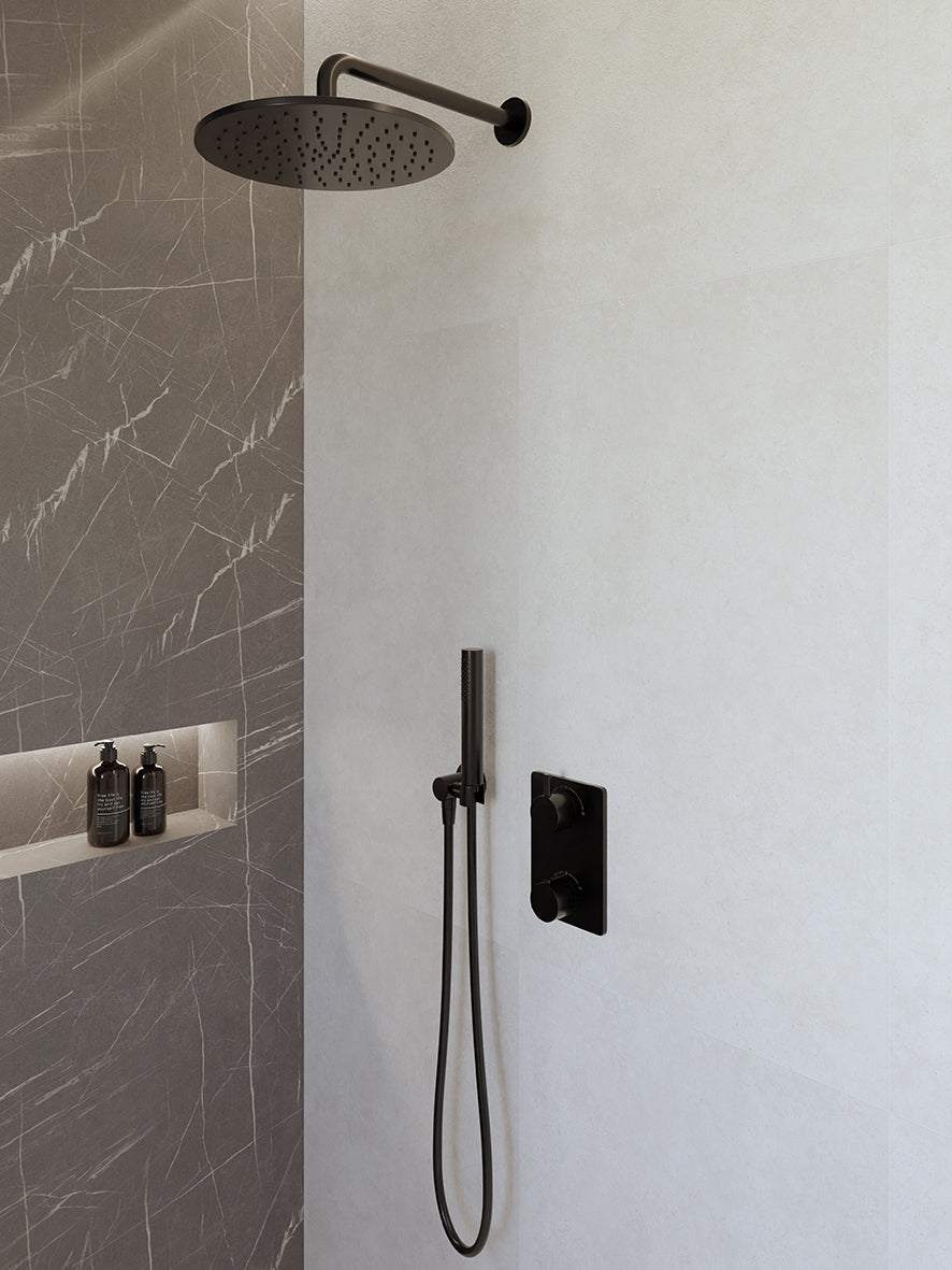Eaucaral inbouwthermostaat compleet met hoofddouche 30 cm en staafhanddouche mat zwart