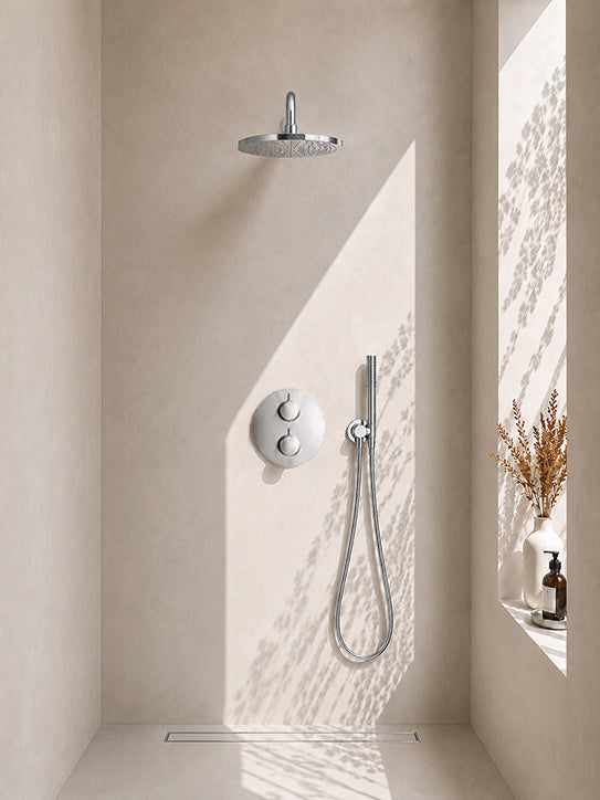 Eaucaral inbouwthermostaat 2 weg rond compleet met hoofddouche 30 cm en staafhanddouche chroom