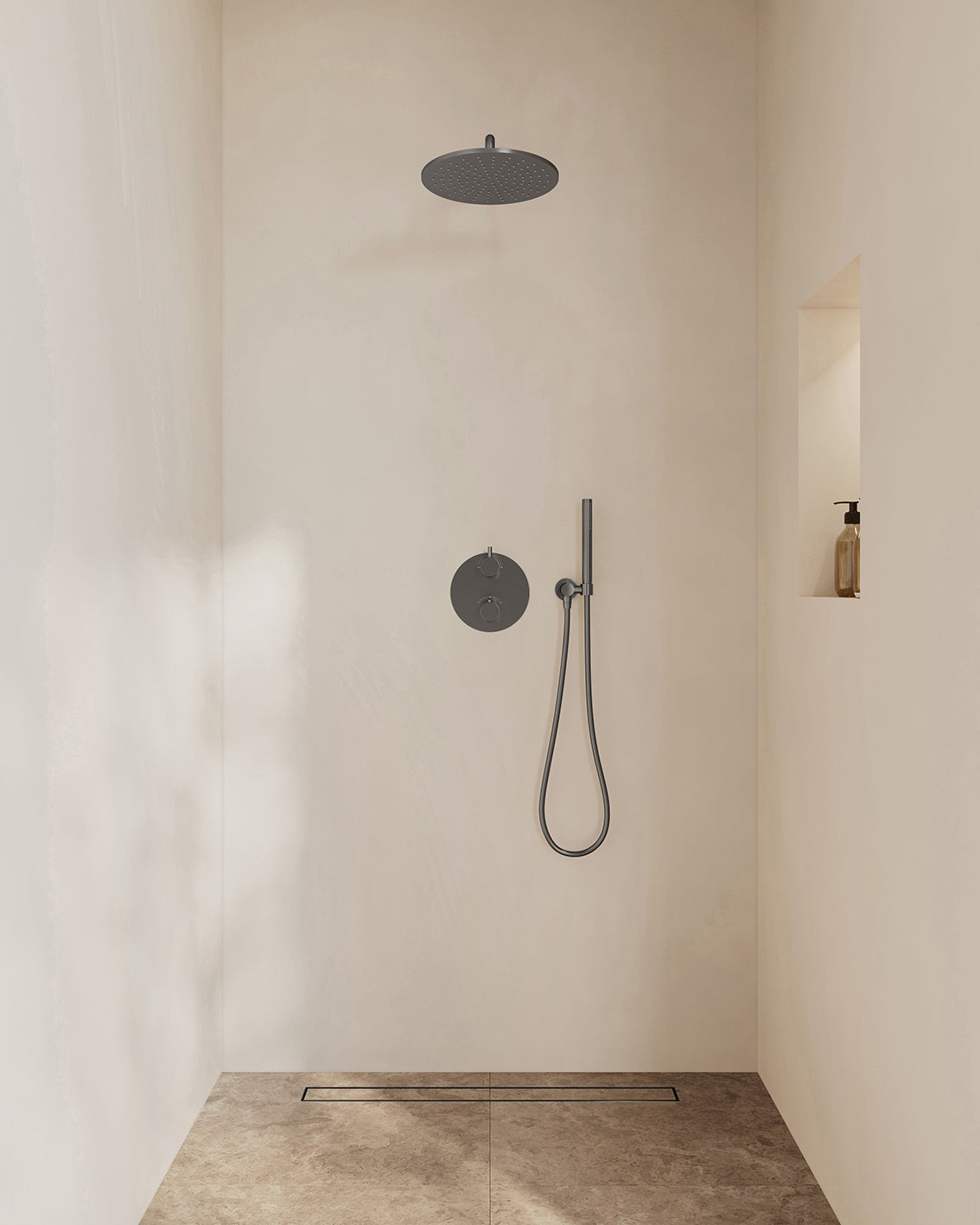 Eaucaral inbouwthermostaat 2 weg rond compleet met hoofddouche 30 cm en staafhanddouche gunmetal