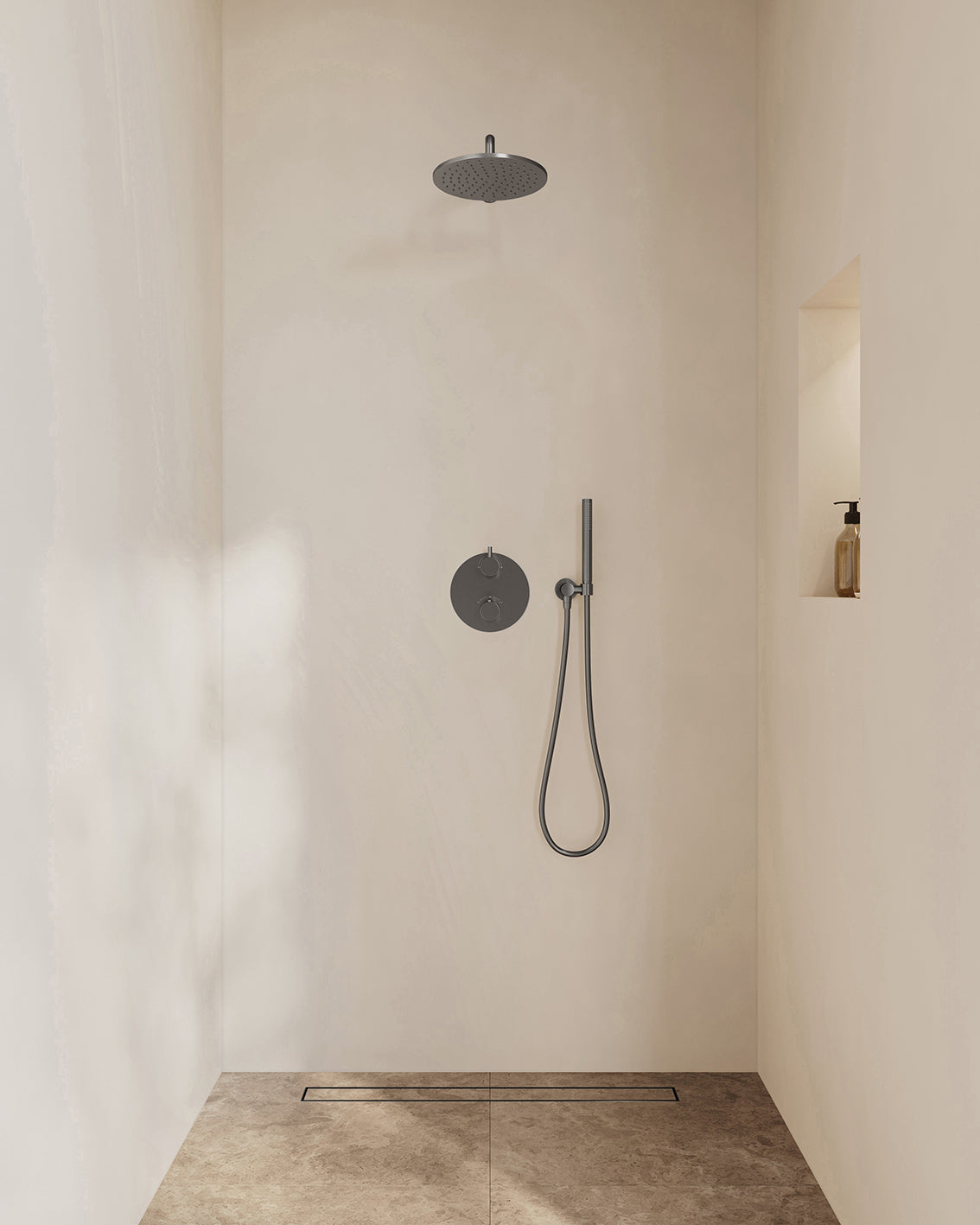 Eaucaral inbouwthermostaat 2 weg rond compleet met hoofddouche 25 cm en staafhanddouche gunmetal