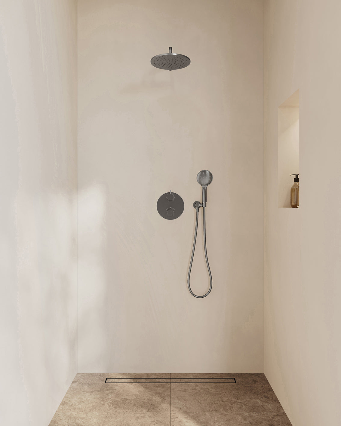 Eaucaral inbouwthermostaat 2 weg rond compleet met hoofddouche 25 cm en 3 standen handdouche handdouche gunmetal