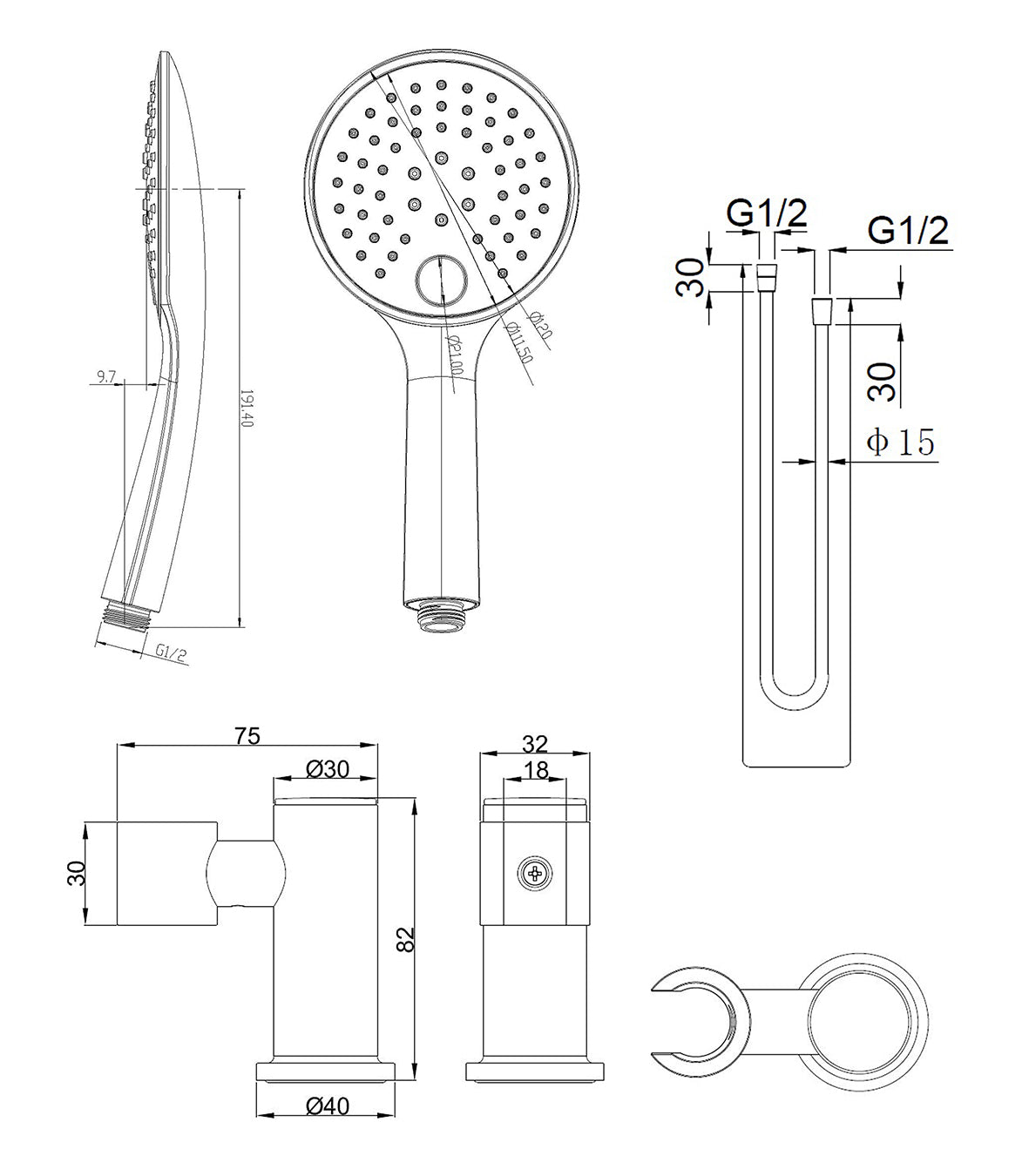 EauuniMatch handdoucheset met handdouche 3 standen Ã˜ 12 cm, doucheslang en wandhouder kantelbaar geborsteld brons koper