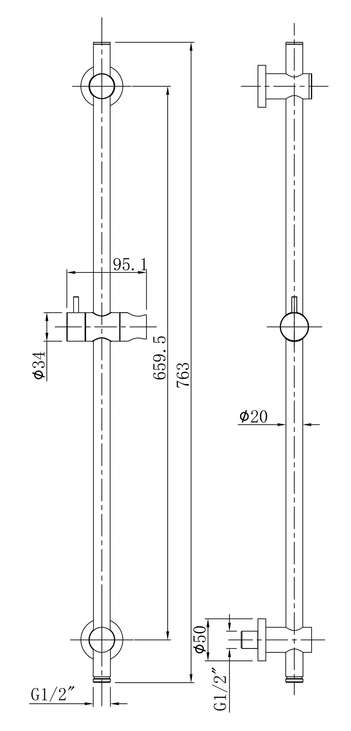 Eauunimatch glijstang met wateraansluiting 76,5 cm geborsteld messing pvd