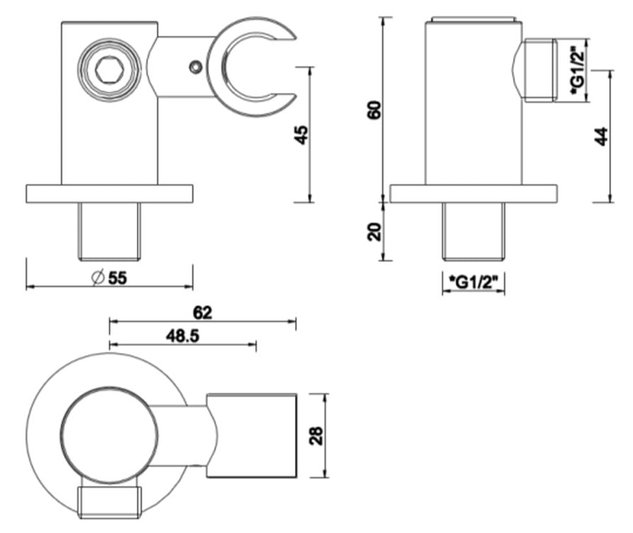 Eauunimatch wandaansluitbocht met kantelbare handdouchehouder rond 1/2" chroom