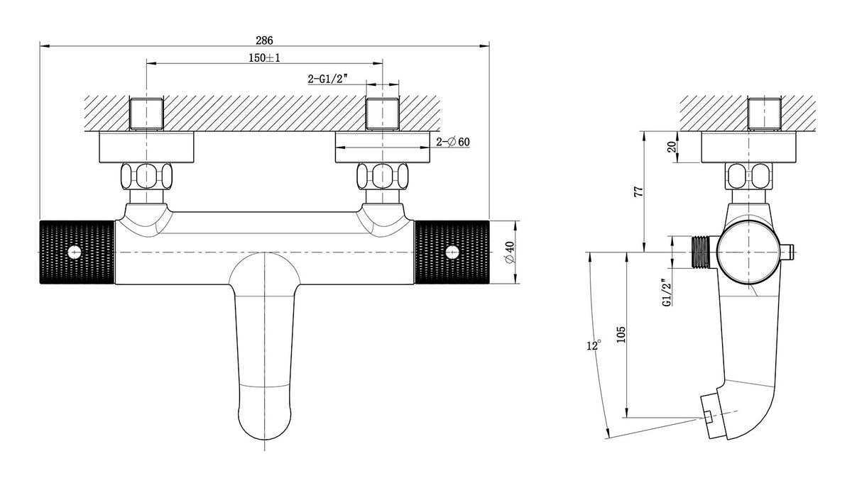Eauribbd thermostatische badmengkraan hartafstand 15 cm mat zwart