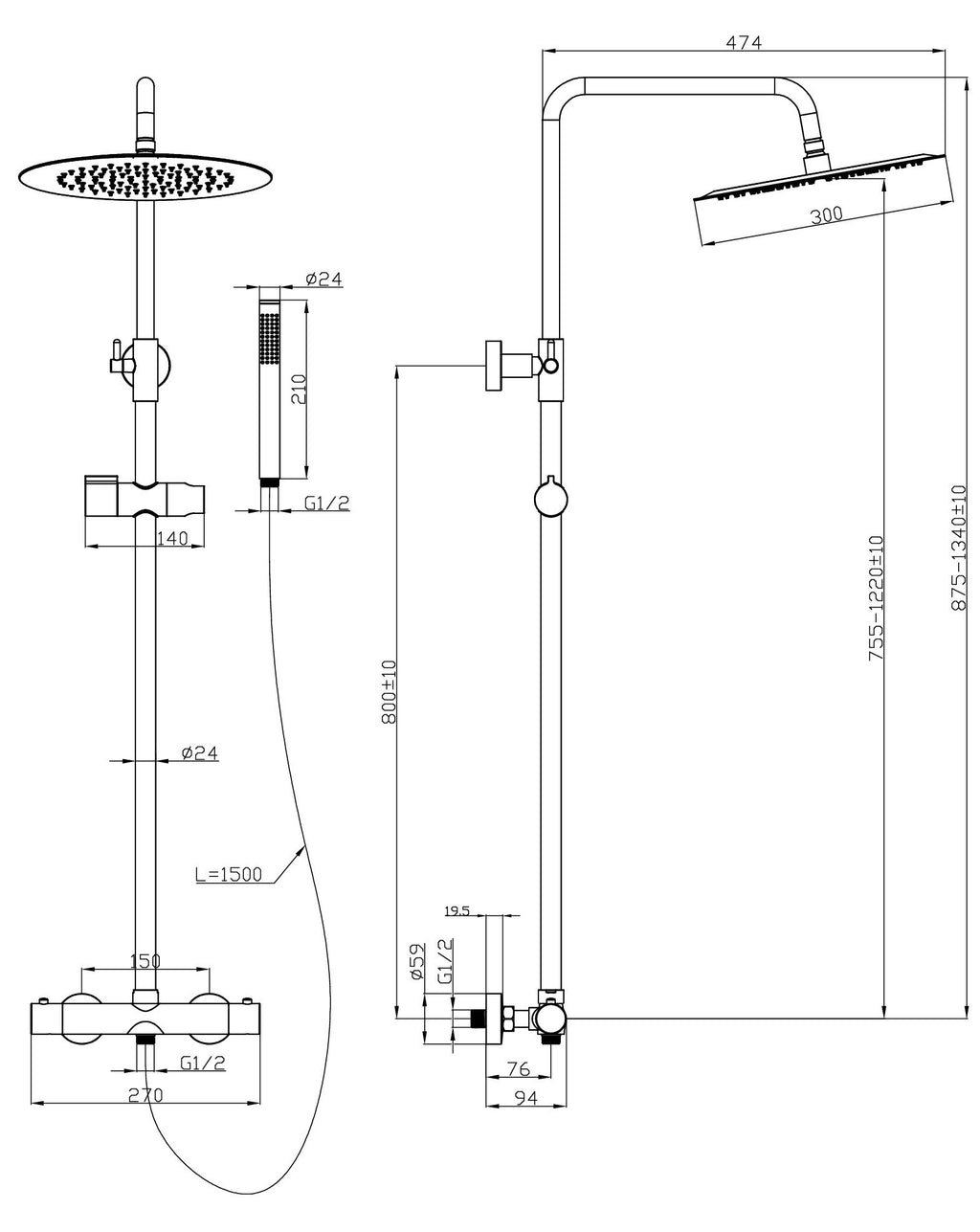 Eaubrasil regendoucheset thermostatisch zwart