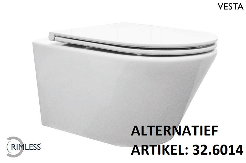 Eauvesta wandcloset rimless met flatline toiletzitting softclose en quick release glans wit