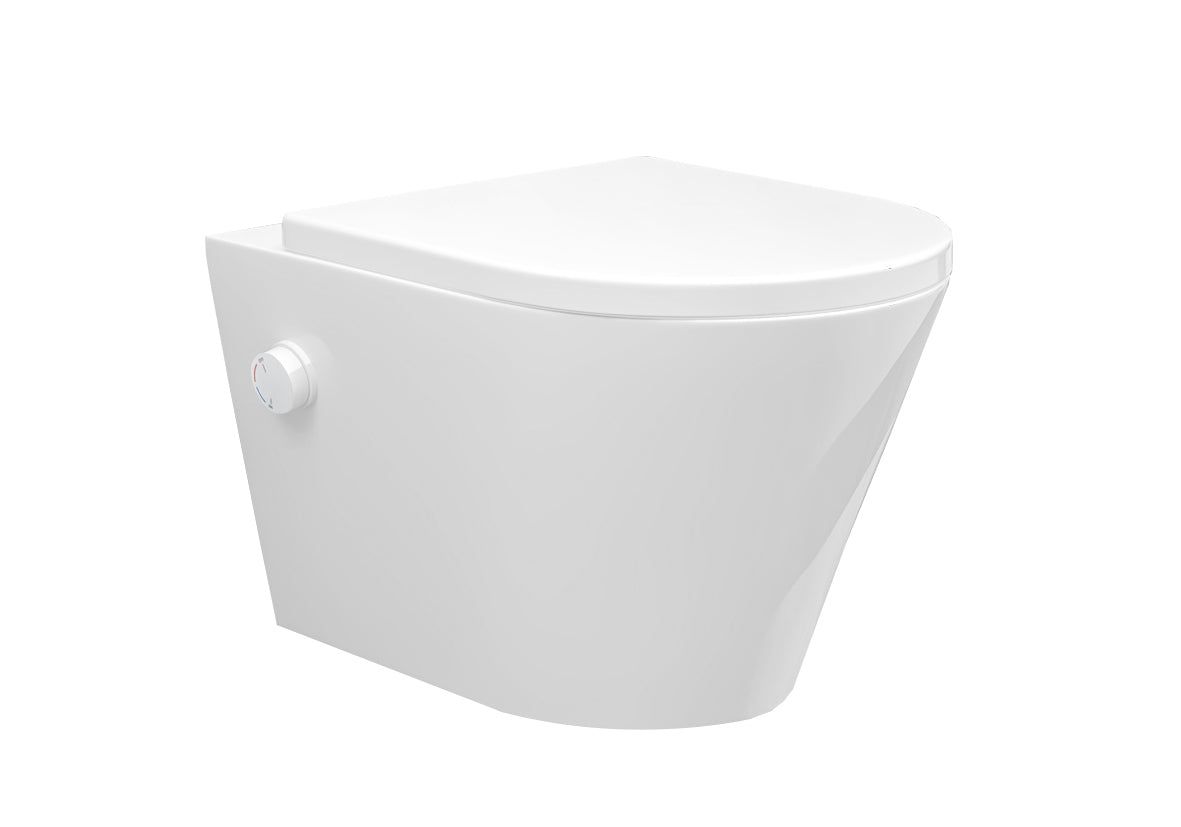 Eauvesta wandcloset rimless met bidetkraan warm koud water met shade slim toiletzitting glans wit