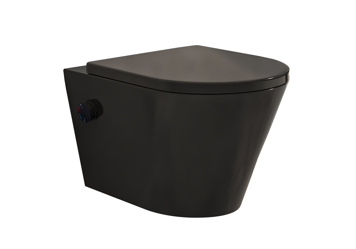 Eauvesta wandcloset rimless met bidetkraan warm koud water met shade slim toiletzitting mat zwart