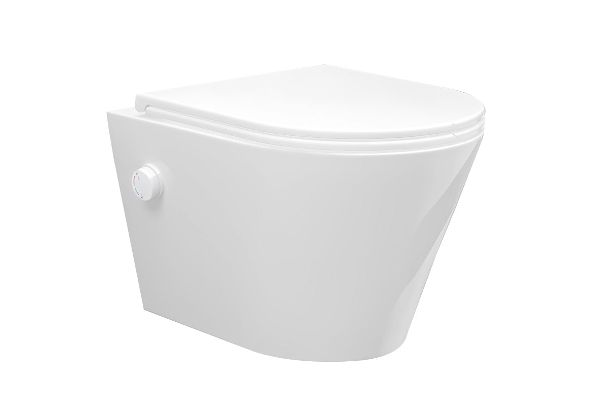 Eauvesta wandcloset rimless met bidetkraan warm koud water met flatline toiletzitting glans wit