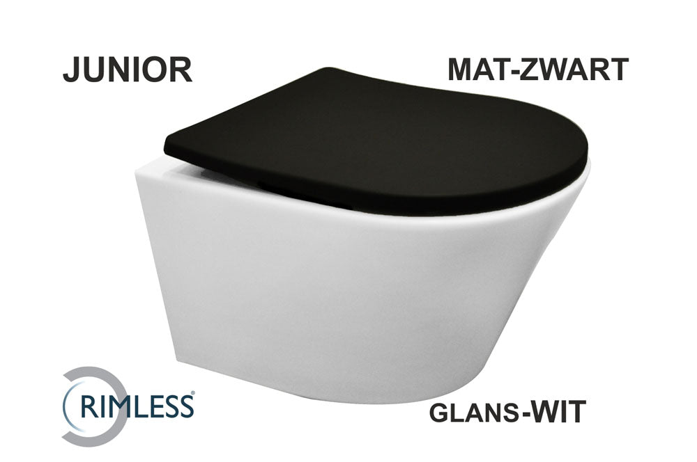 Eauvesta junior wandcloset rimless verkort glans wit shade slim toiletzitting softclose en quick release mat zwart
