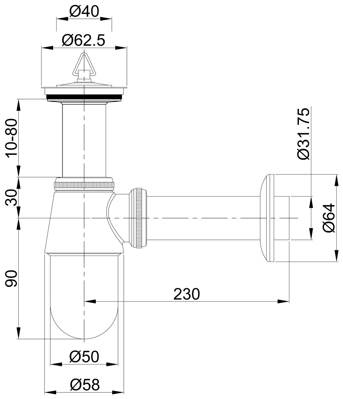 Eauplugbekersifon 5/4" x 32 mm chroom