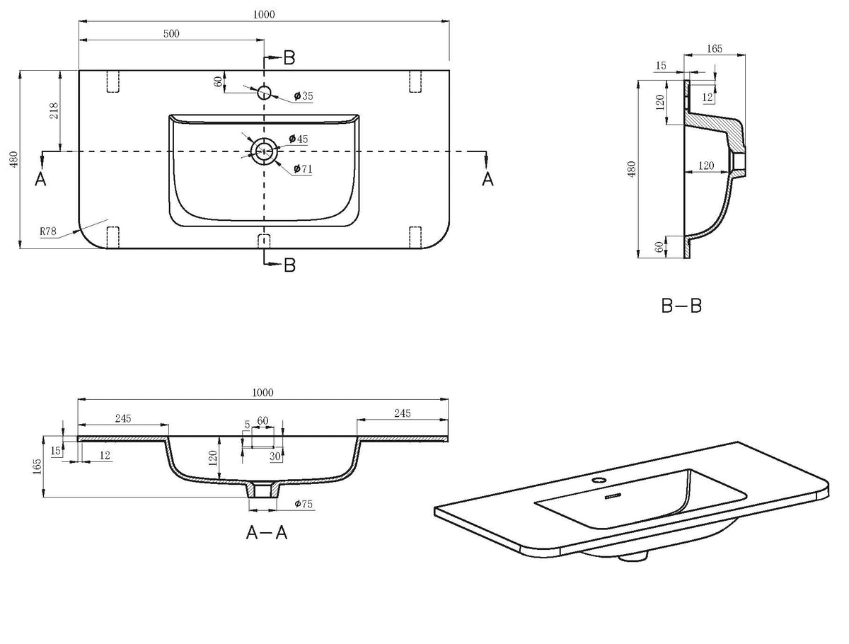 Eaularo wastafel enkel met 1 kraangat ronde hoeken 100 x 48 x 1,5 cm solid surface mat wit