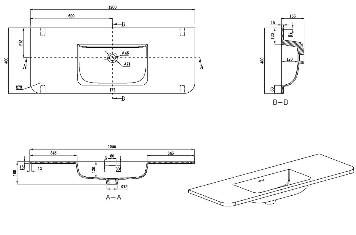 Eaularo wastafel zonder kraangat ronde hoeken 120 x 48 x 1,5 cm solid surface mat wit