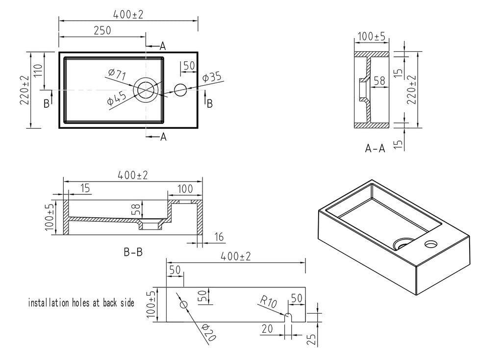 Eaulotte fontein rechts 40 x 22 x 10 cm solid surface mat zwart
