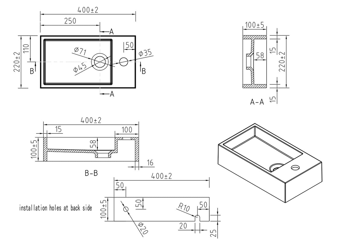 Eaulotte fontein rechts 40 x 22 x 10 cm solid surface mat zwart