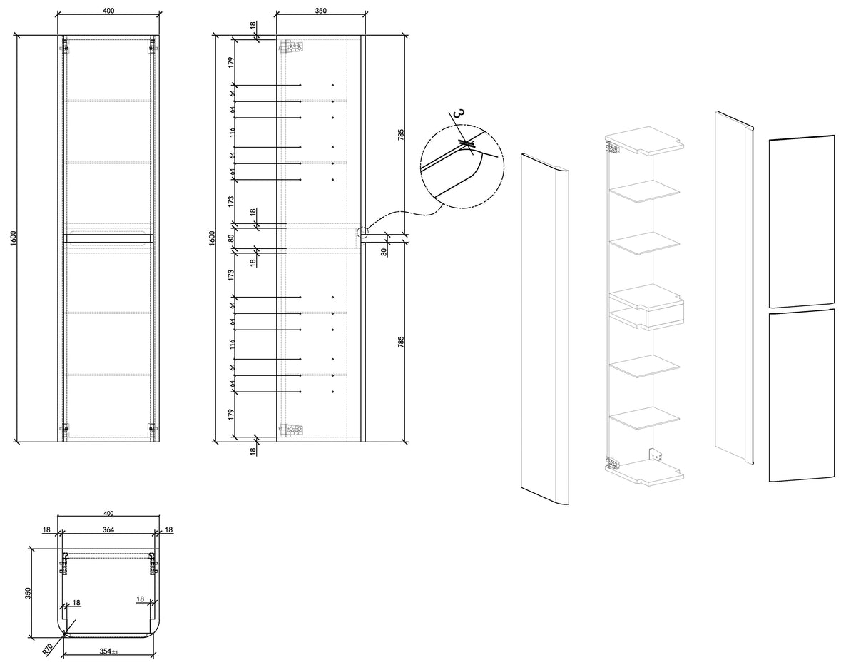 Eaunovira kolomkast afgeronde hoeken 160 x 40 x 35 cm mat zwart