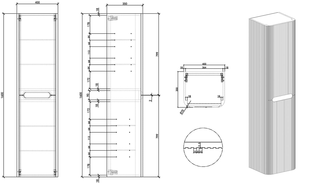 Eausulora kolomkast afgeronde hoeken geribbeld 160 x 40 x 35 cm walnoot