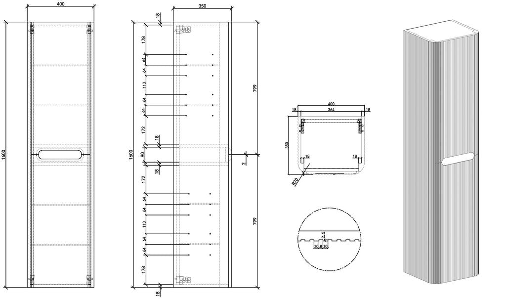 Eausulora kolomkast afgeronde hoeken geribbeld 160 x 40 x 35 cm mat zwart