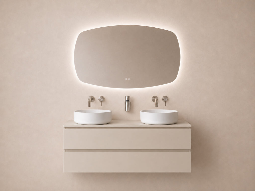 Eaulumora spiegel rechthoek met afgeronde hoeken met led, dimbaar en spiegelverwarming 140 x 74 cm