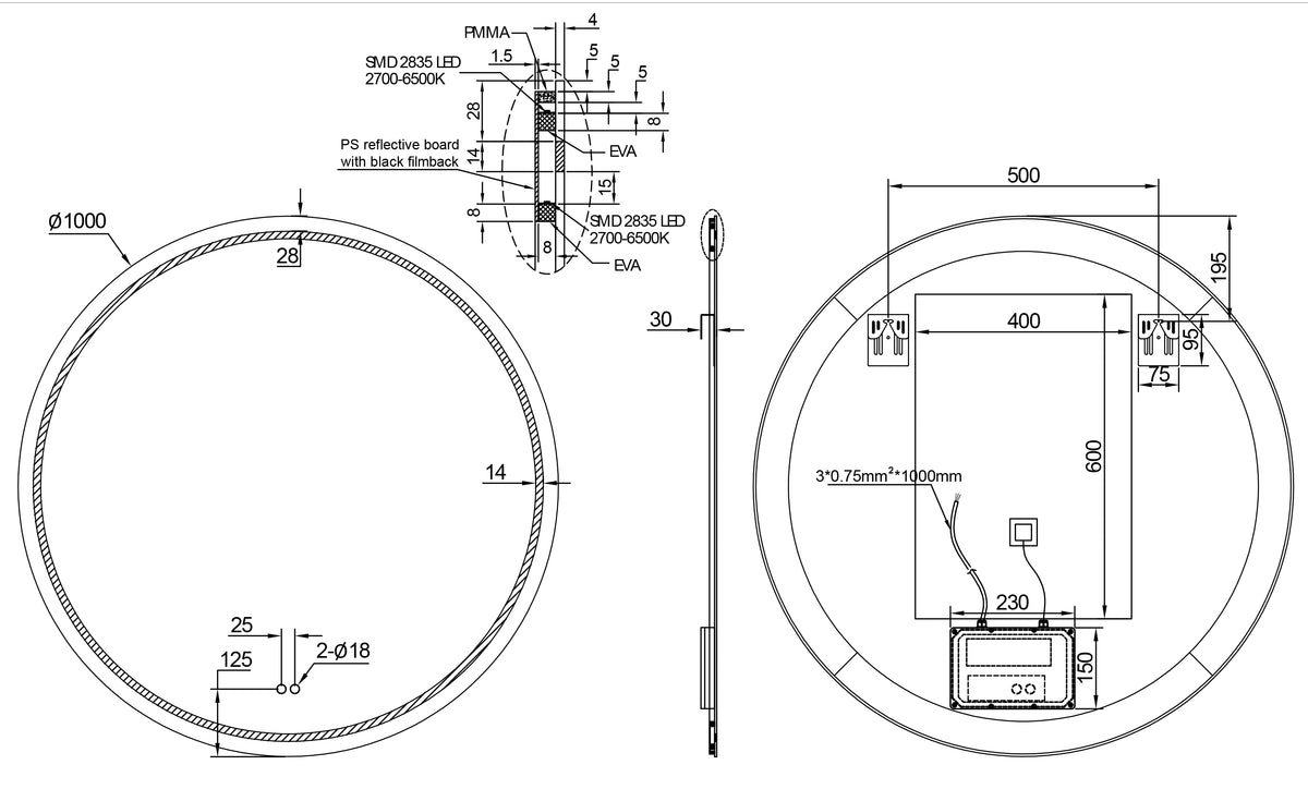 Eaulumora spiegel rond met led, dimbaar en spiegelverwarming 100 cm