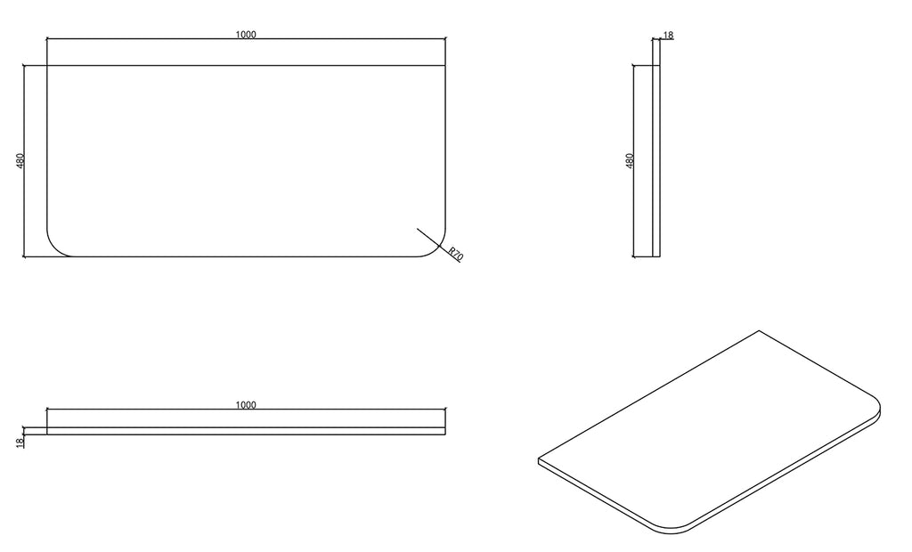 Eaunovira topblad afgeronde hoeken 100 x 48 cm mat zwart