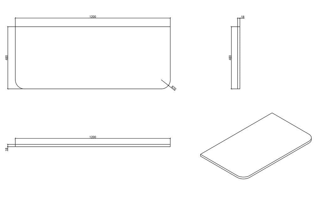 Eaunovira topblad afgeronde hoeken 120 x 48 cm mat zwart