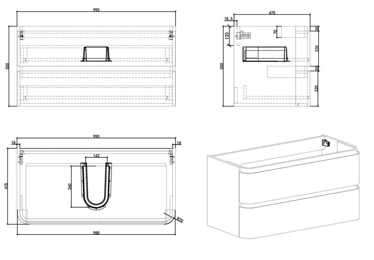 Eaunovira onderkast afgeronde hoeken met 2 laden 1 uitsparing 100 x 48 cm mat wit