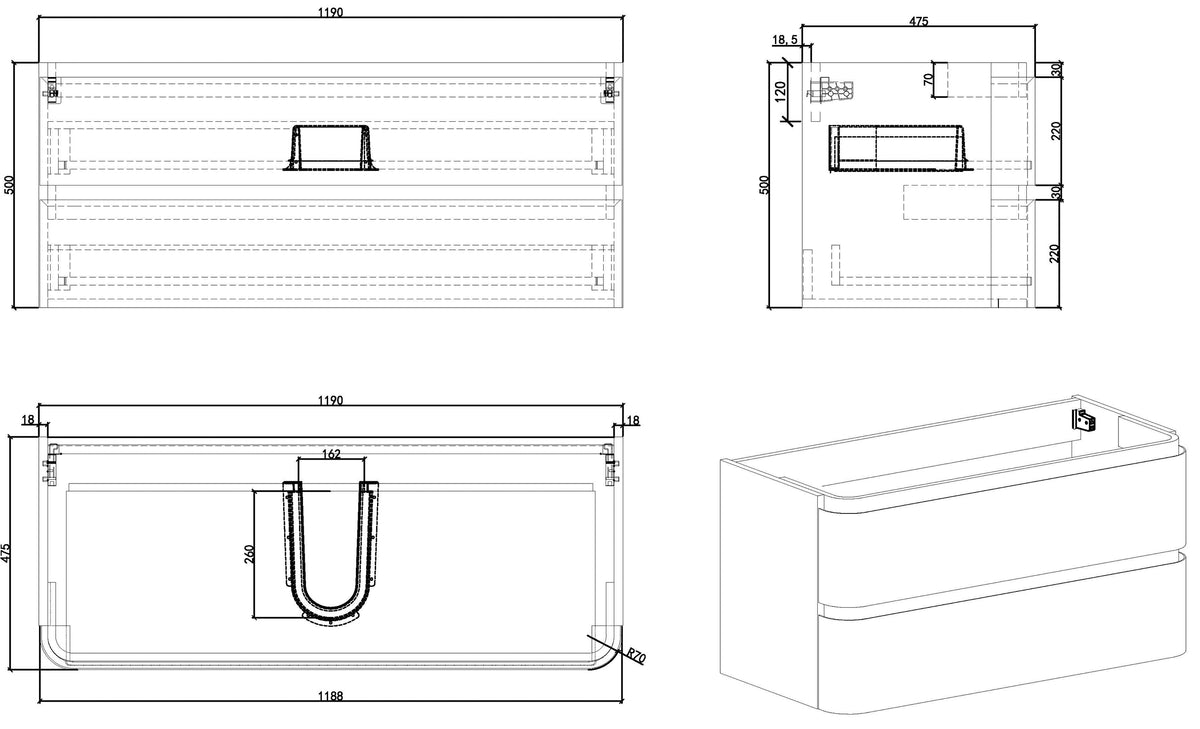 Eaunovira onderkast afgeronde hoeken met 2 laden 1 uitsparing 120 x 48 cm mat zwart