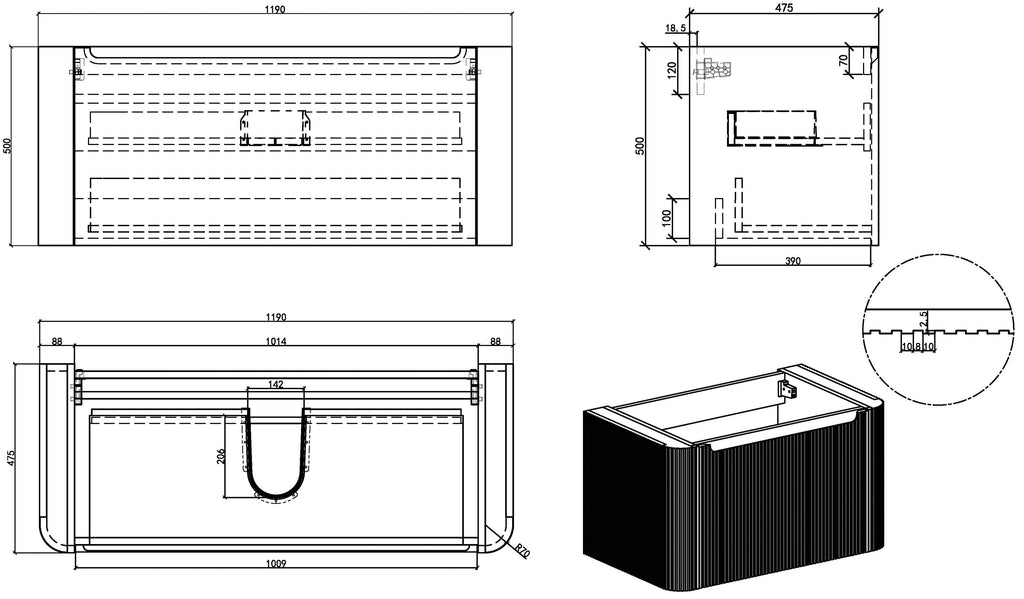 Eausulora onderkast afgeronde hoeken geribbeld met 1 lade 1 uitsparing 120 x 48 cm licht eiken
